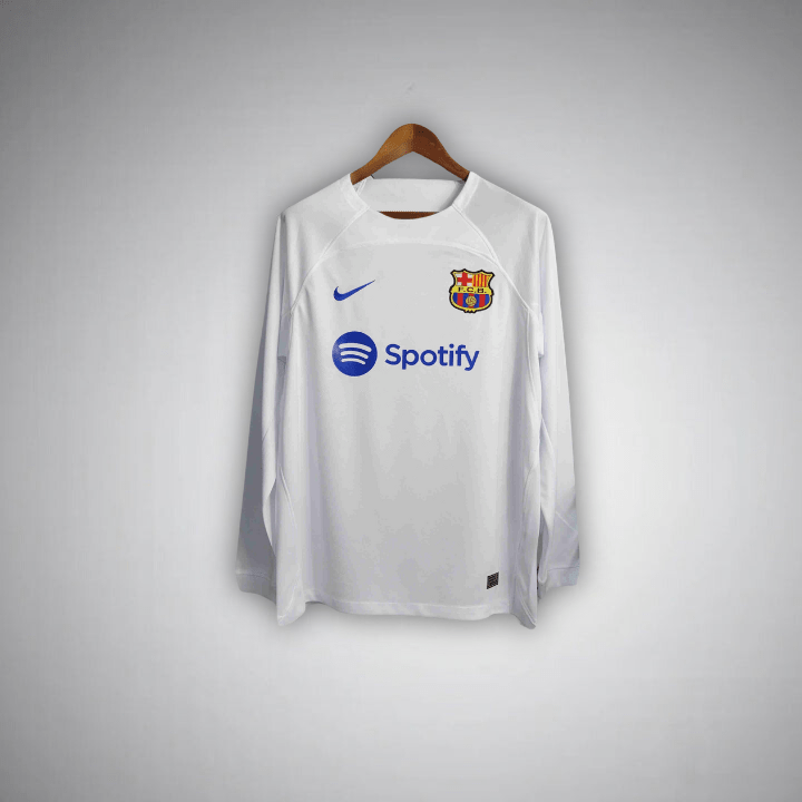 23/24 FC Barcelona Weißes Auswärts-Trikot mit langen Ärmeln
