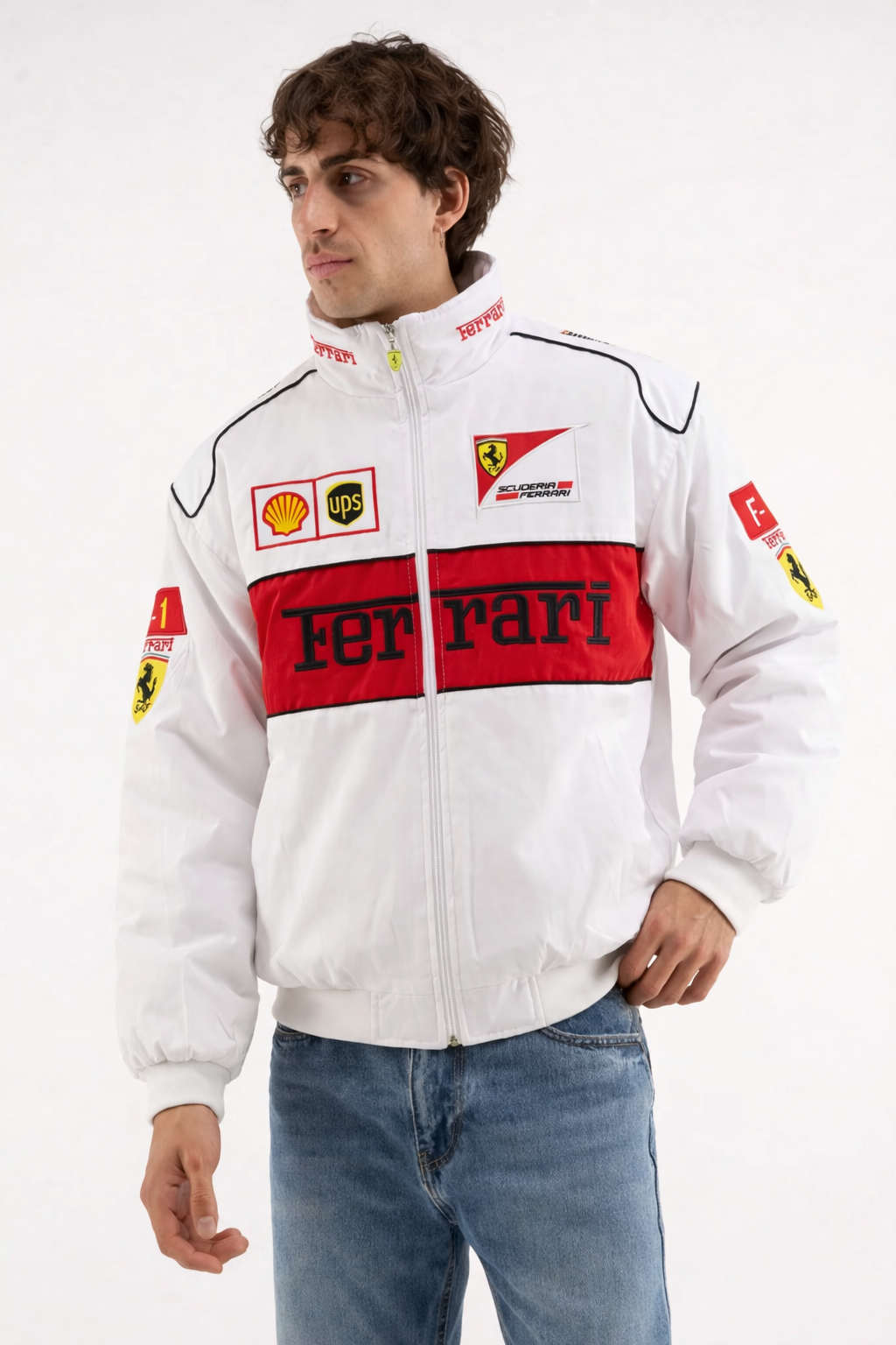 Giacca da corsa vintage bianca Ferrari F1