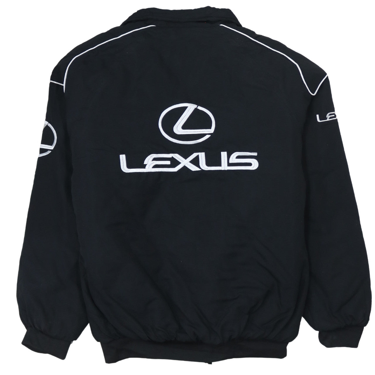 Chaqueta Nascar Lexus negra para hombre talla Large con logos bordados, cremallera frontal y bolsillos Bomber