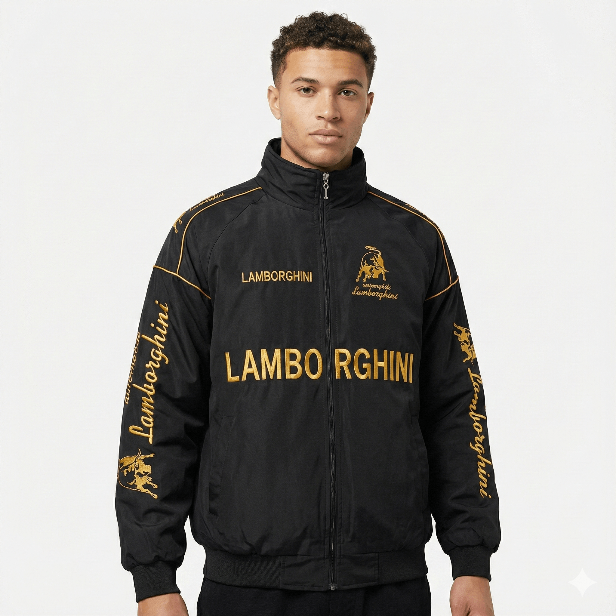 Chaqueta del Equipo de Carreras Lamborghini – Abrigo con cremallera Motorsport negro con logos bordados en dorado