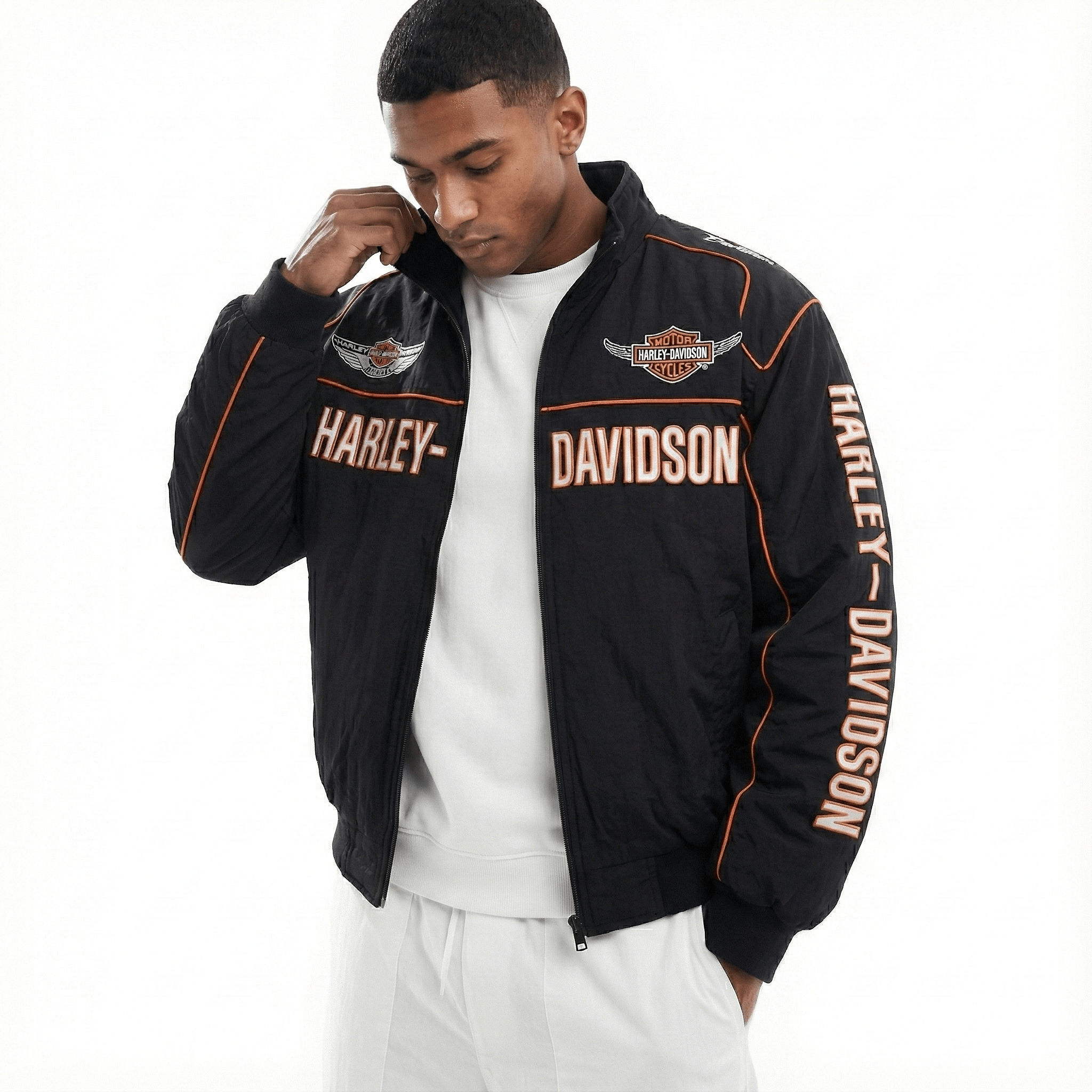 Veste de Course Brodée Harley-Davidson Noire – Coupe-Vent Vintage Biker Homme