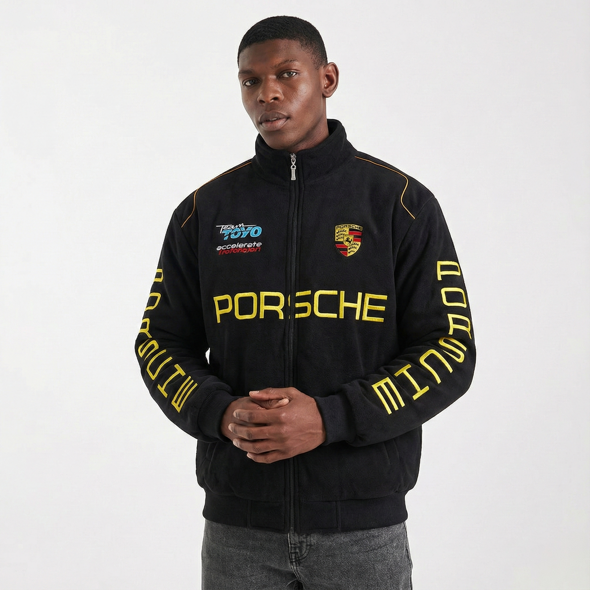 Chaqueta del Equipo de Carreras Porsche – Abrigo con cremallera Motorsport negro con logos bordados en amarillo