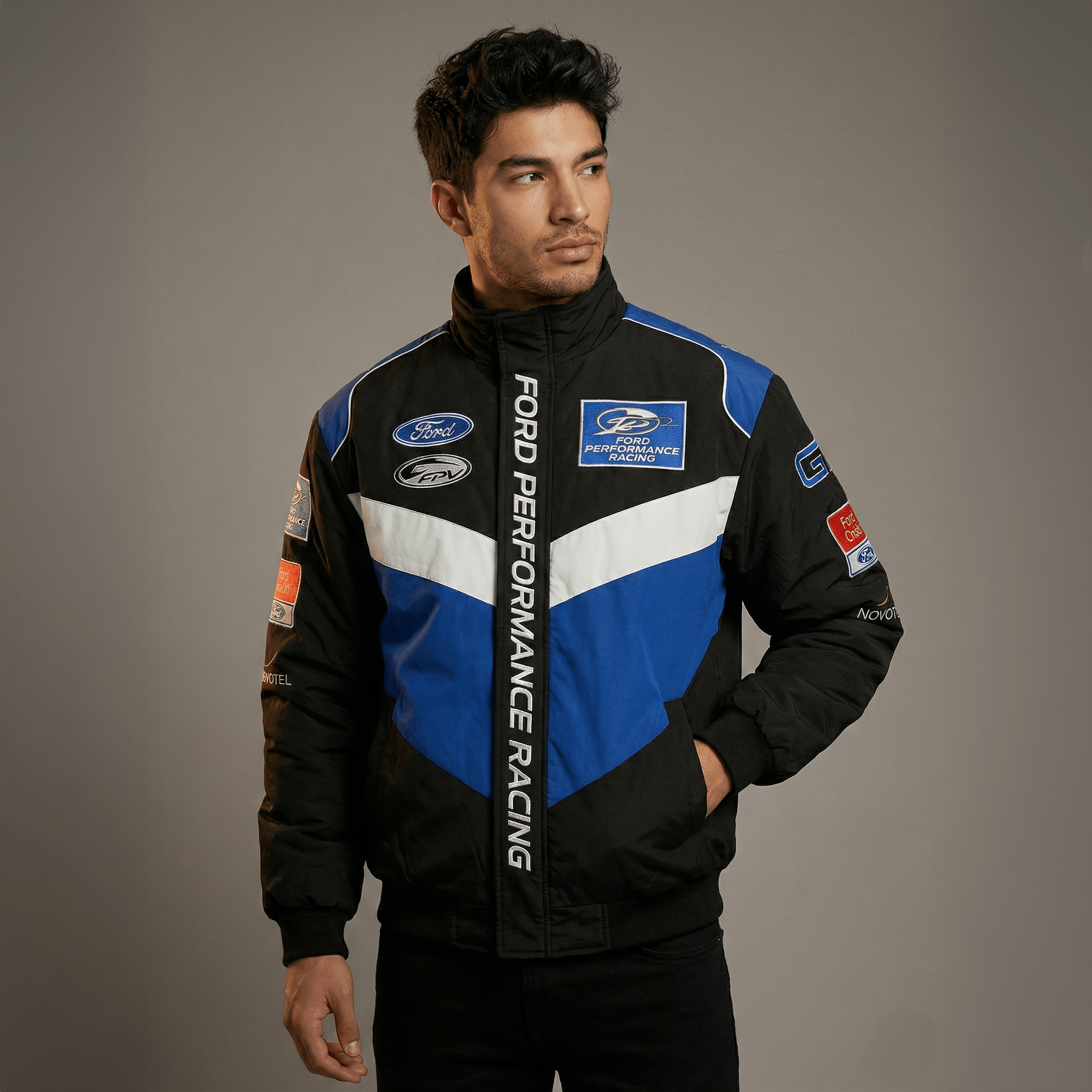 Veste Équipe de Course Ford Performance – Manteau Zippé Motorsport Bleu & Noir
