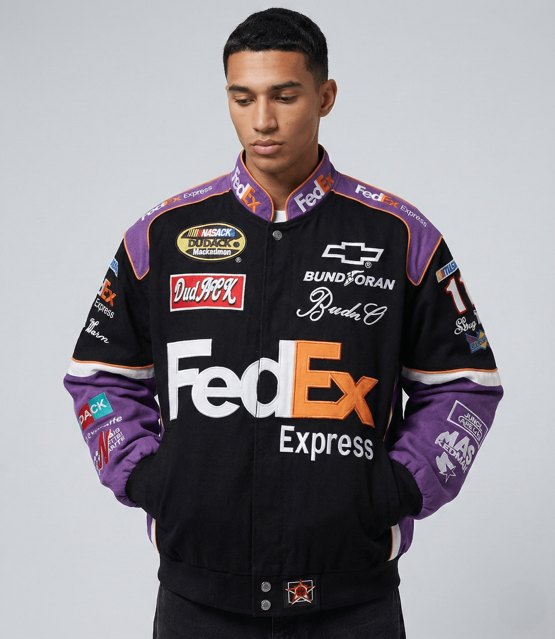 Chaqueta de Carreras FedEx Nascar – Abrigo Motorsport negro/púrpura bordado