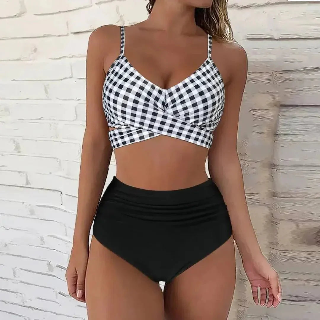 Conjunto bikini para mujer, talle alto, diseño cruzado envolvente