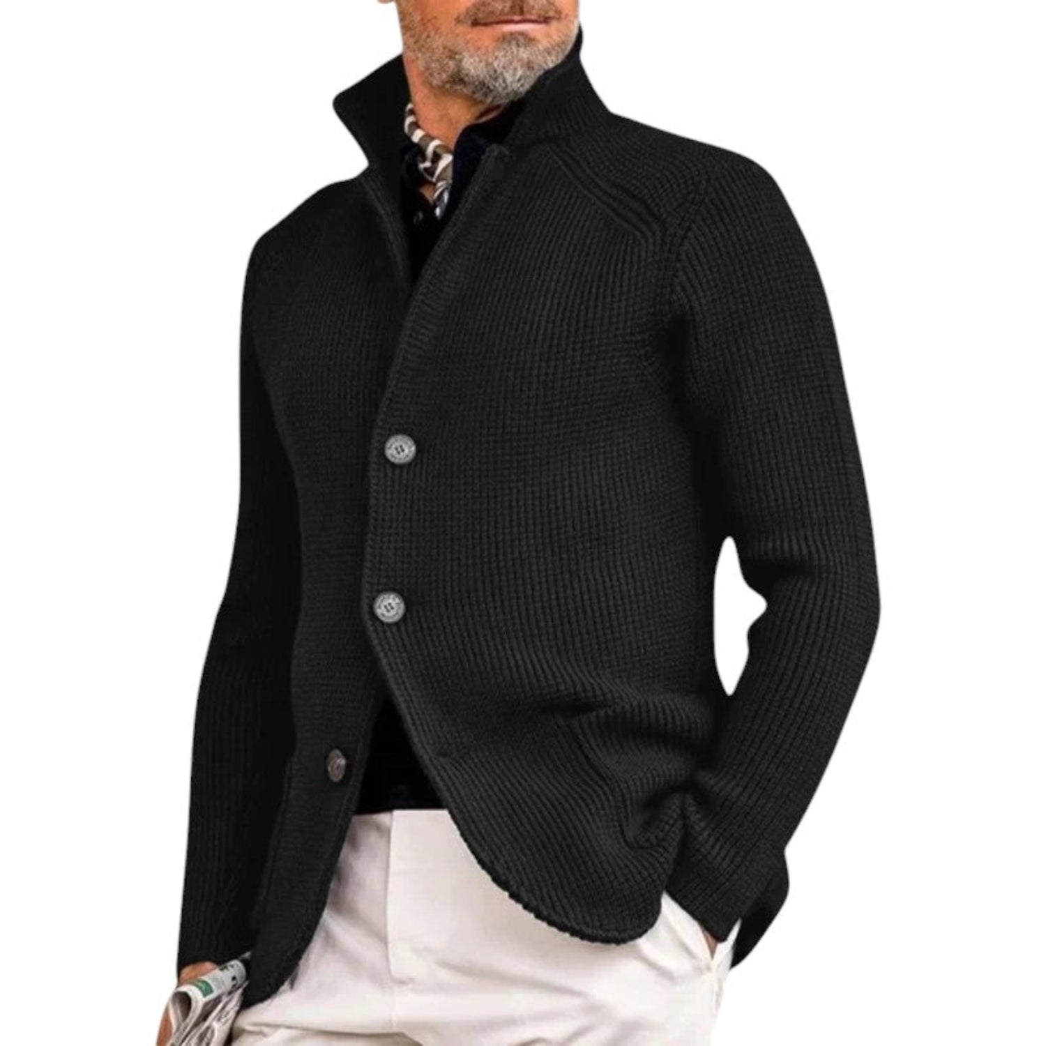 Cardigan Herren Gestrickter Knopfverschluss Gerippter Pullover Klassischer Eleganter Stil