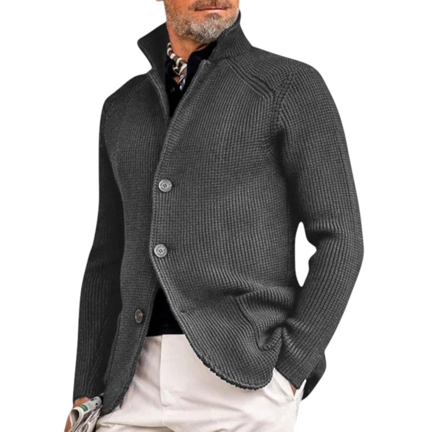 Cardigan Herren Gestrickter Knopfverschluss Gerippter Pullover Klassischer Eleganter Stil