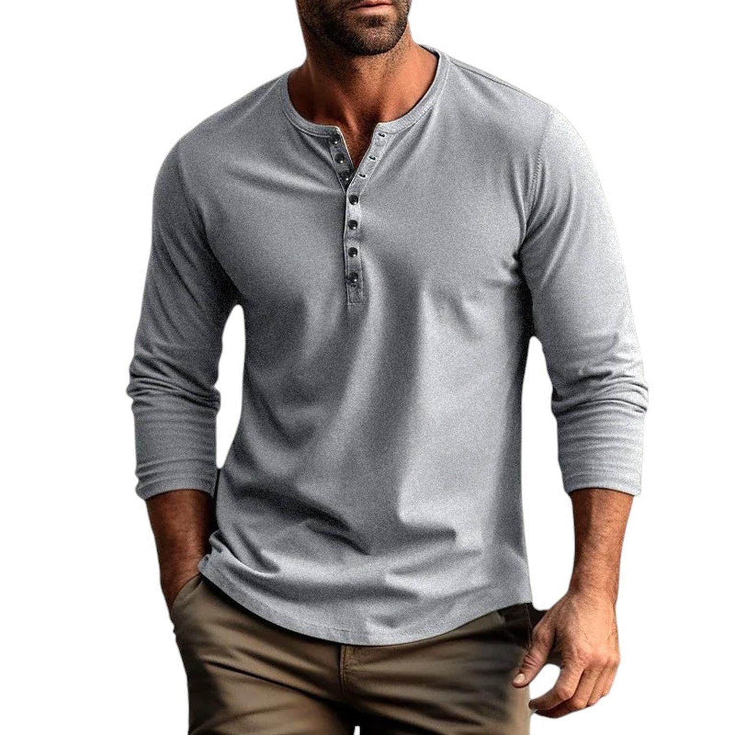 Camisa henley para hombre manga larga ajuste regular tapeta de botones transpirable