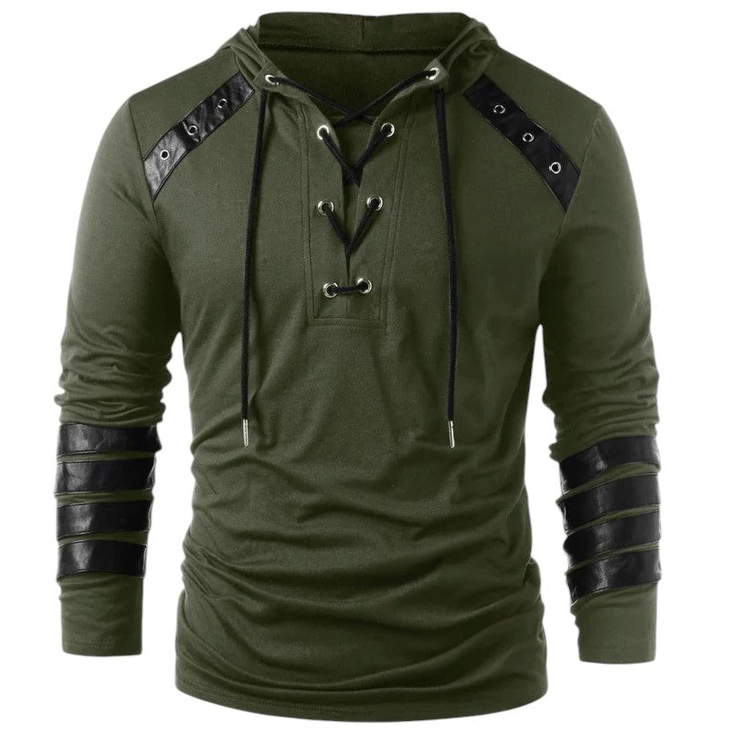 Sweat à Capuche Homme Lacets Col V Panneaux Similicuir Manches Longues Tenue Décontractée