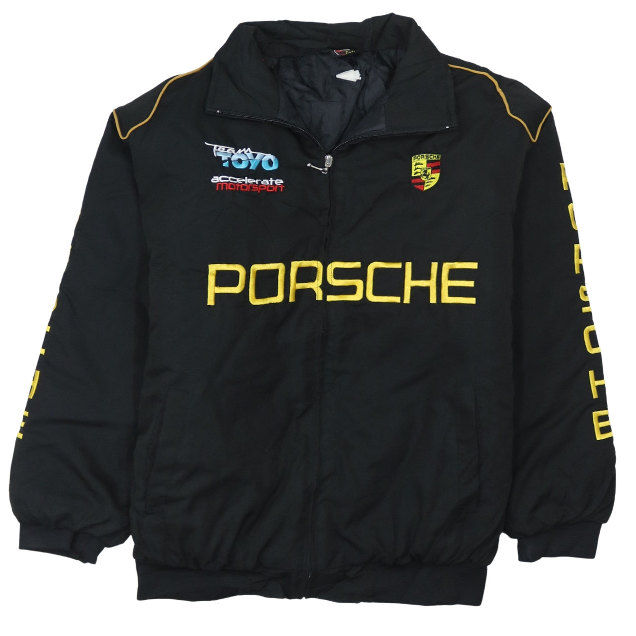 Chaqueta Nascar Porsche negra para hombre talla XLarge con logos bordados, cremallera frontal Prenda exterior de carreras