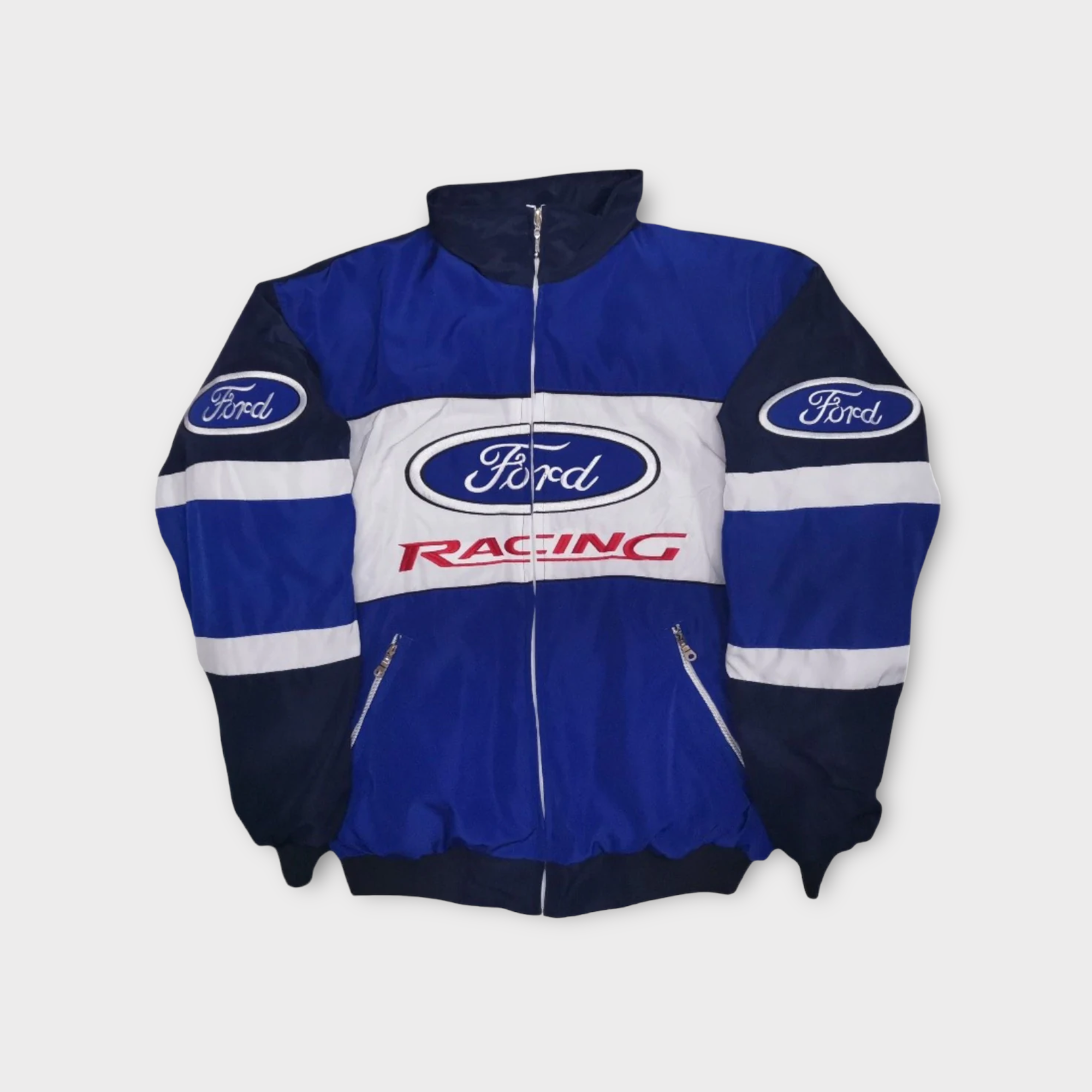 Chaqueta del Equipo de Carreras Ford – Abrigo vintage con cremallera azul y blanca