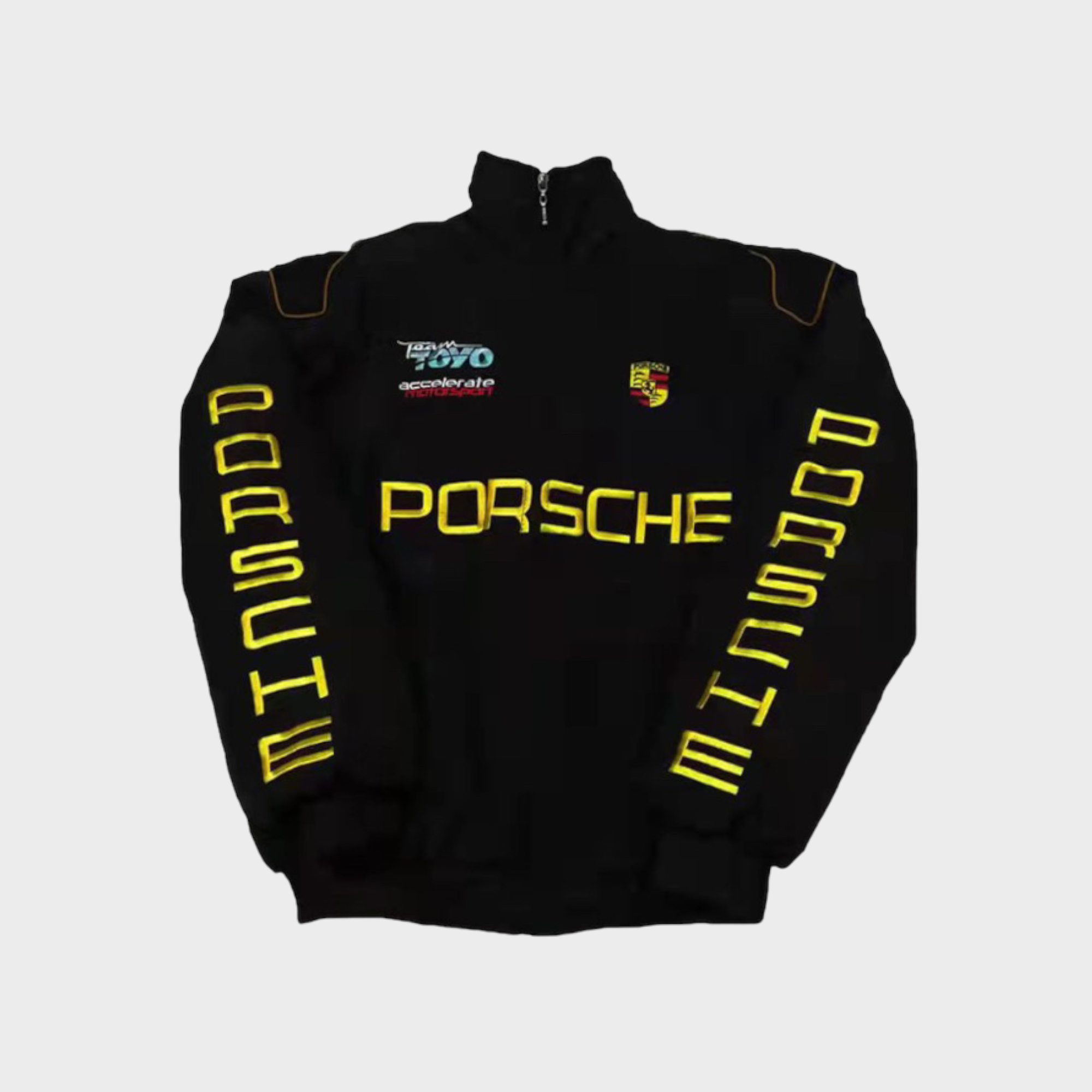 Chaqueta del Equipo de Carreras Porsche – Abrigo con cremallera Motorsport negro con logos bordados en amarillo