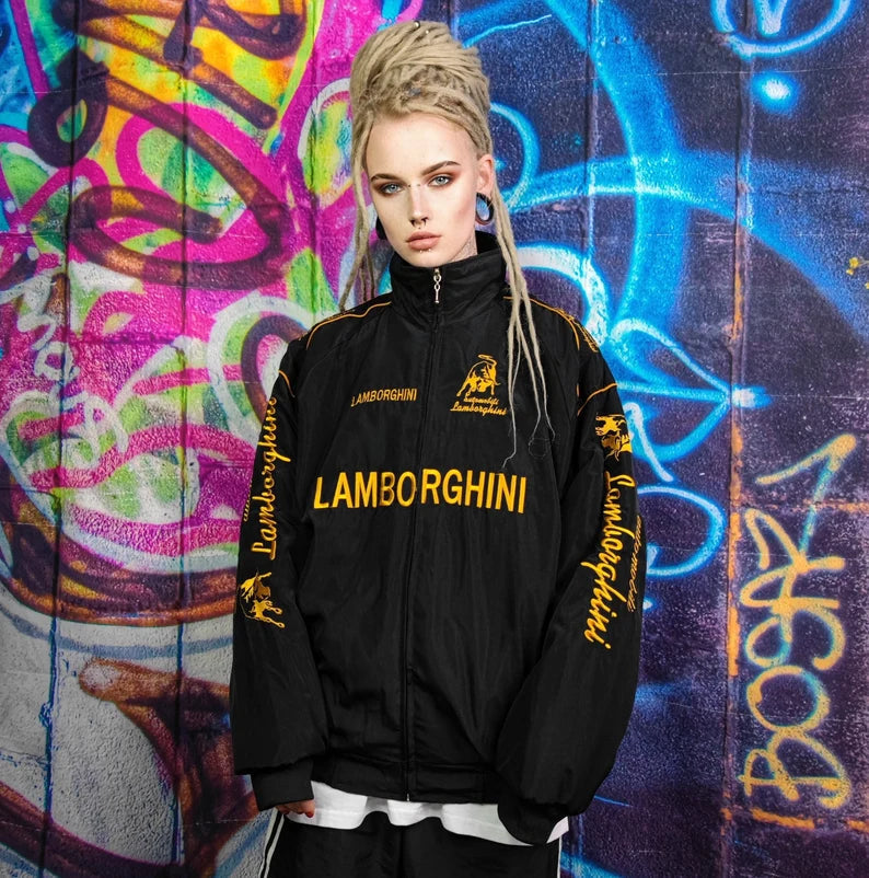 Lamborghini Racing Team Jacket – Black Motorsport Zip-Up with Gold Embroidered Logos