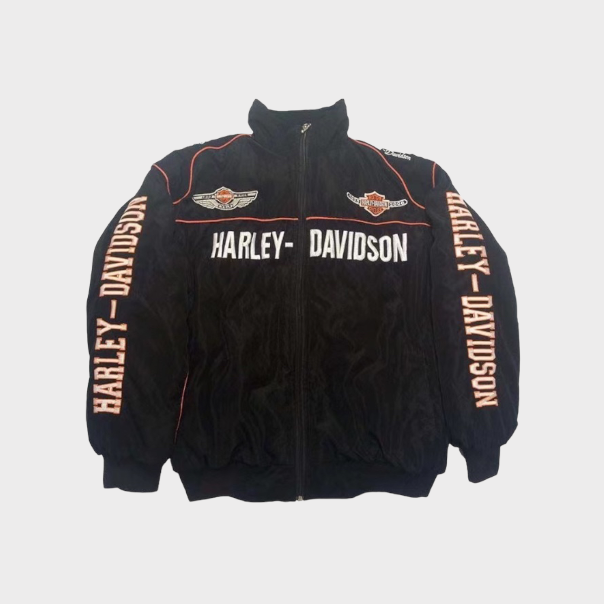 Chaqueta de Carreras Harley-Davidson negra bordada – Rompevientos vintage para motociclistas para hombre