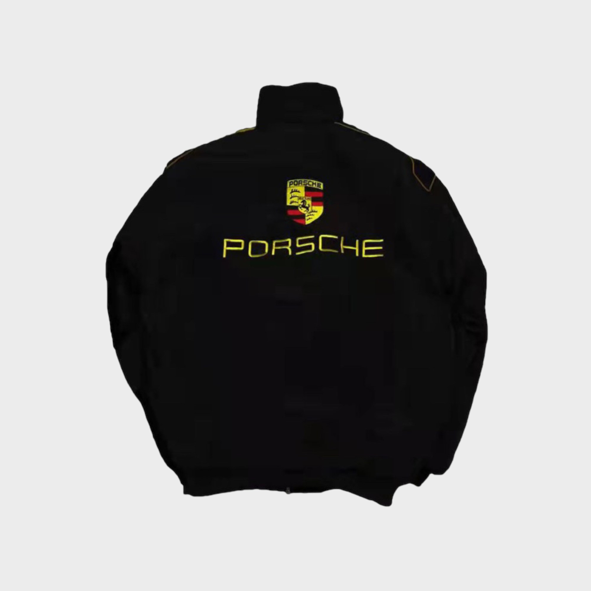 Porsche Racing Team Jas – Zwarte Motorsport Ritsjas met Gele Geborduurde Logo’s