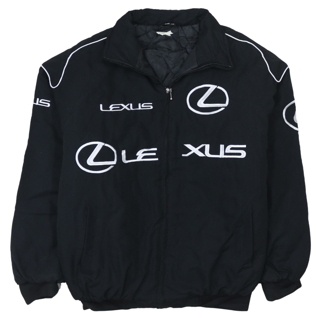 Chaqueta Nascar Lexus negra para hombre talla Large con logos bordados, cremallera frontal y bolsillos Bomber