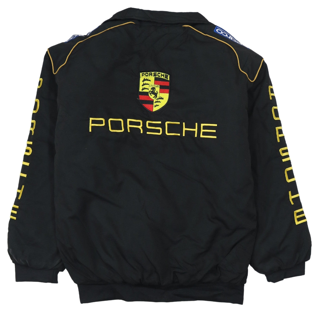 Chaqueta Nascar Porsche negra para hombre talla XLarge con logos bordados, cremallera frontal Prenda exterior de carreras