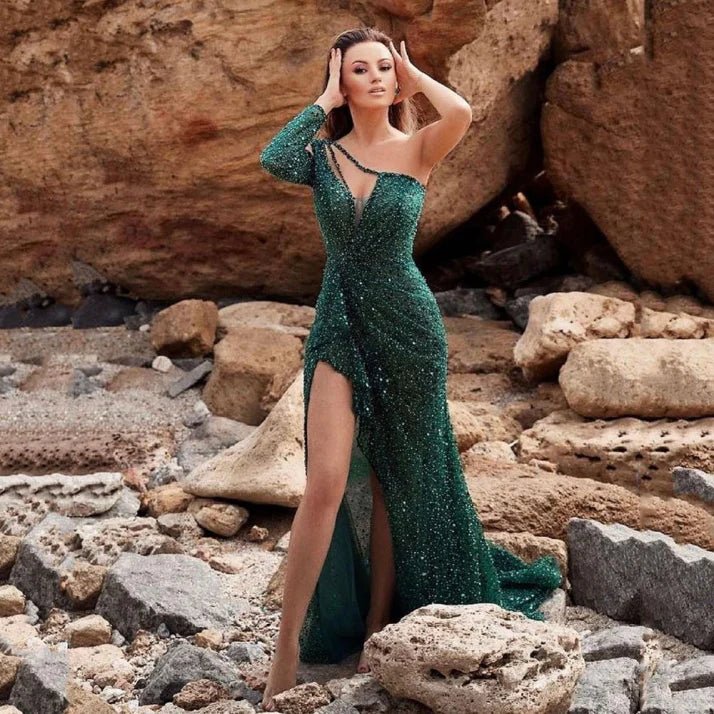Vestido maxi para mujer elegante con un solo hombro y ajuste formal