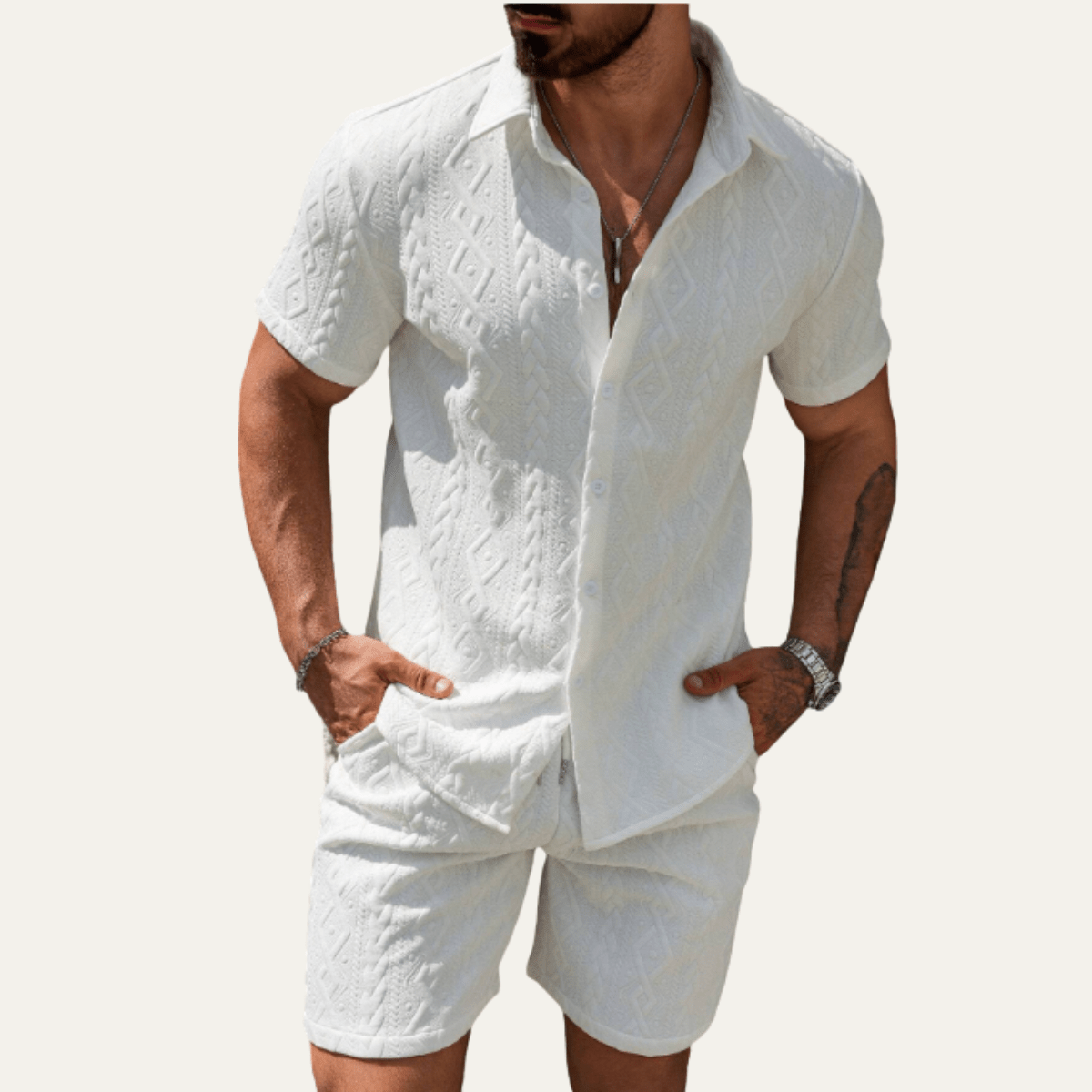 Ensemble coordonné homme — Chemise tricotée, coupe décontractée, short assorti