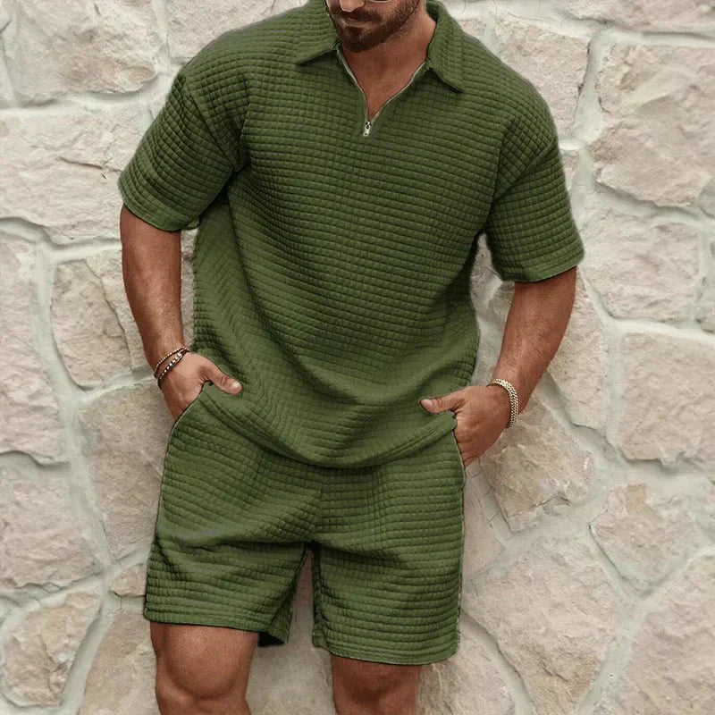Herren-Co-Ord-Set — Polo mit Reißverschluss, Kordelzug, lockere Shorts
