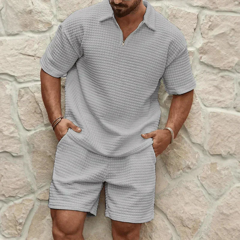 Herren-Co-Ord-Set — Polo mit Reißverschluss, Kordelzug, lockere Shorts