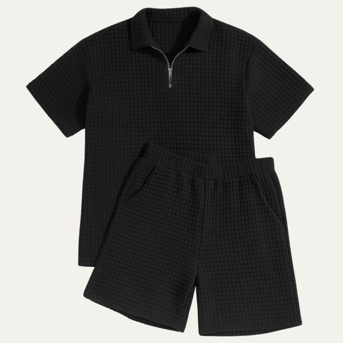 Herren-Co-Ord-Set — Polo mit Reißverschluss, Kordelzug, lockere Shorts