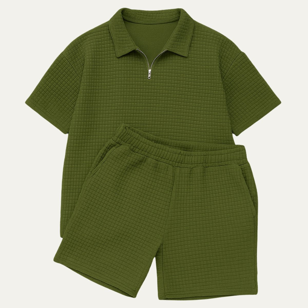 Herren-Co-Ord-Set — Polo mit Reißverschluss, Kordelzug, lockere Shorts
