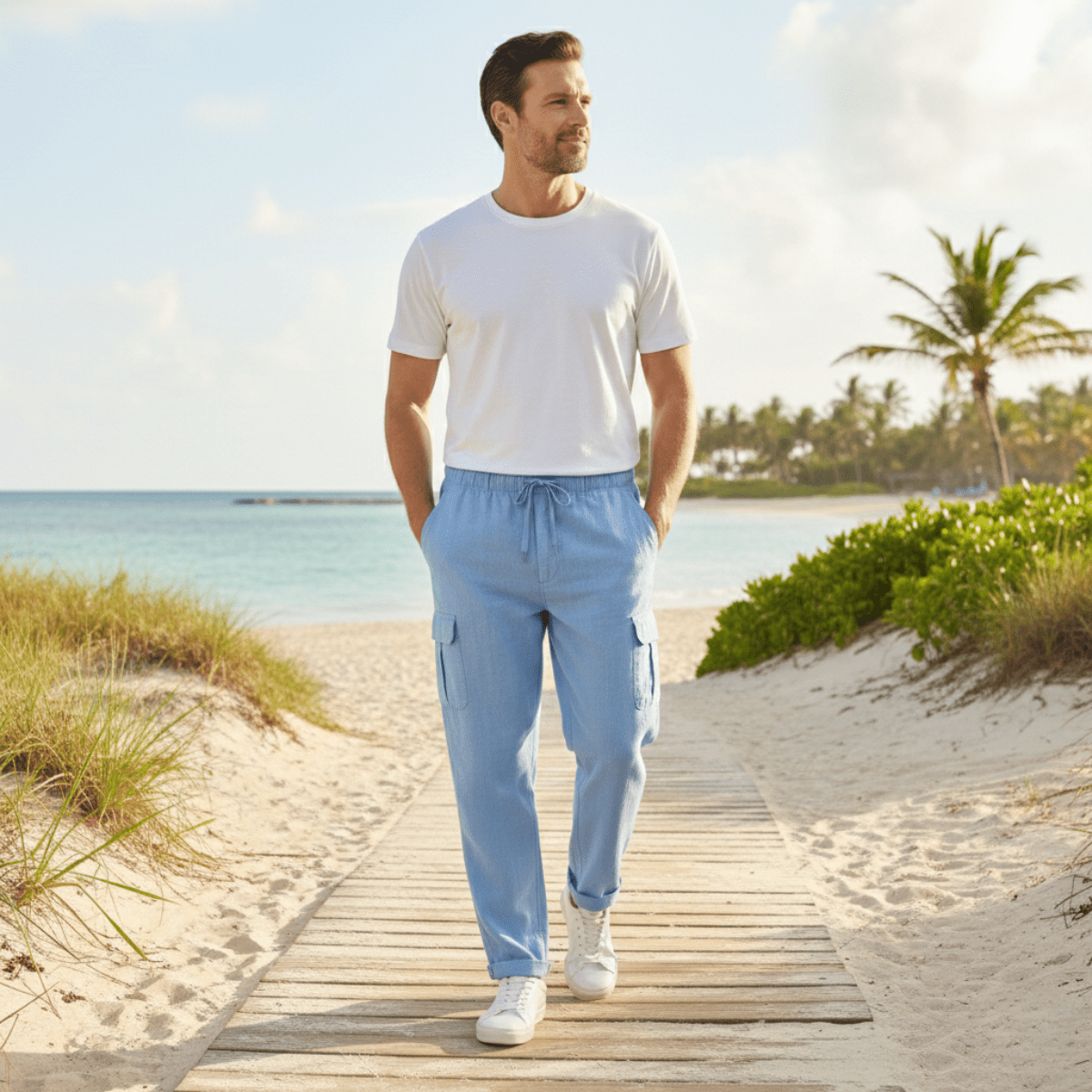 Herren Leinen-Cargohose - Weiter Schnitt, Mehrfach-Taschen-Design
