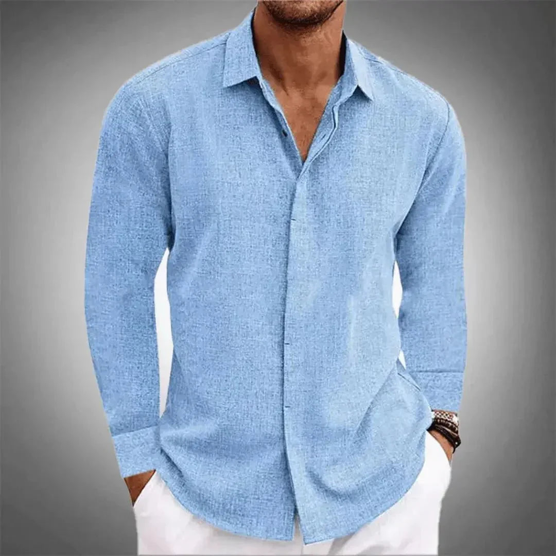 Camicia da uomo in lino — Vestibilità regolare, maniche lunghe, patta con bottoni