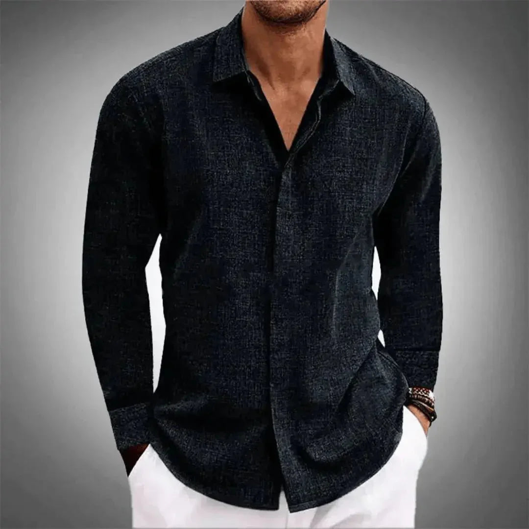 Camicia da uomo in lino — Vestibilità regolare, maniche lunghe, patta con bottoni