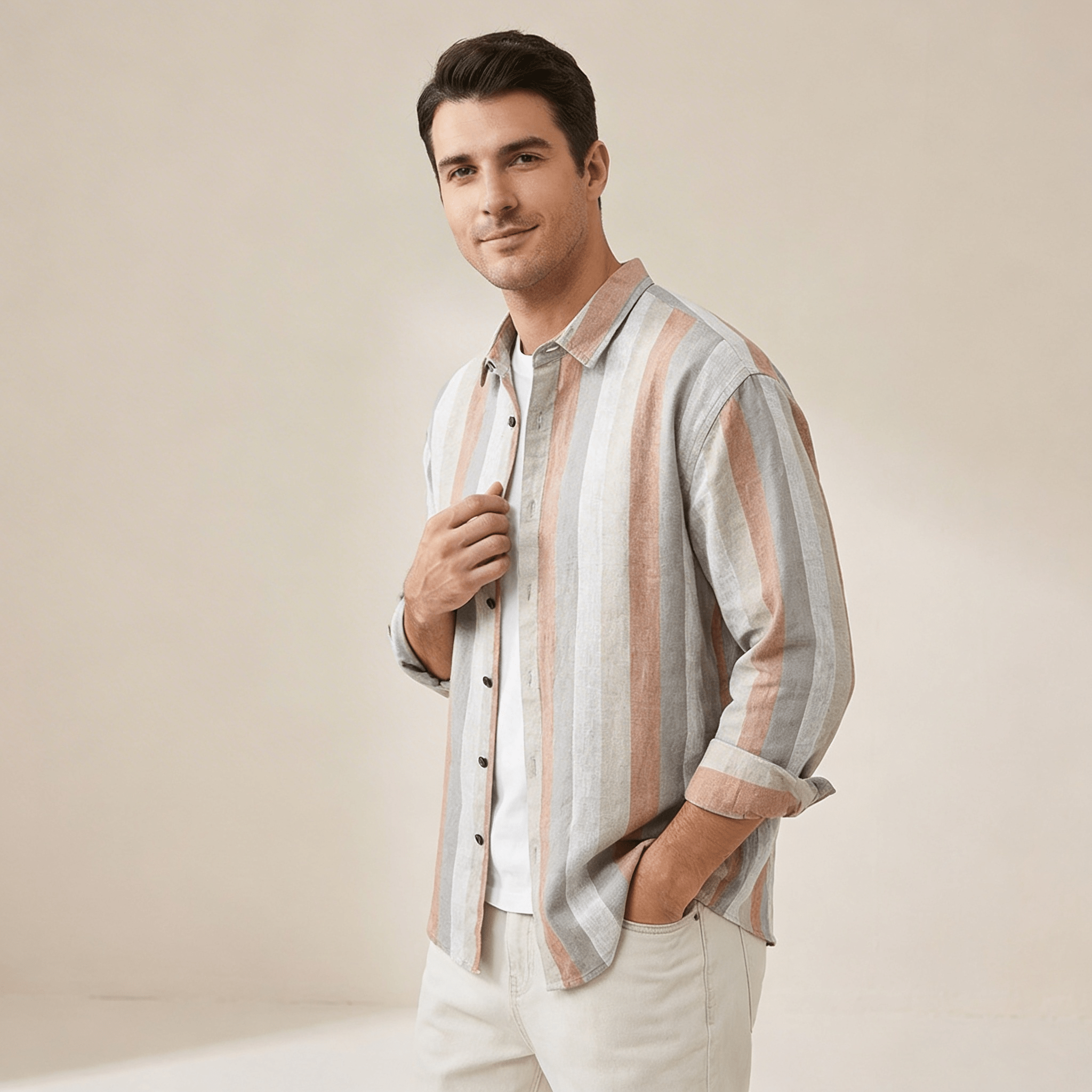Camisa de lino para hombre — Ajuste relajado, mangas largas y cierre con botones