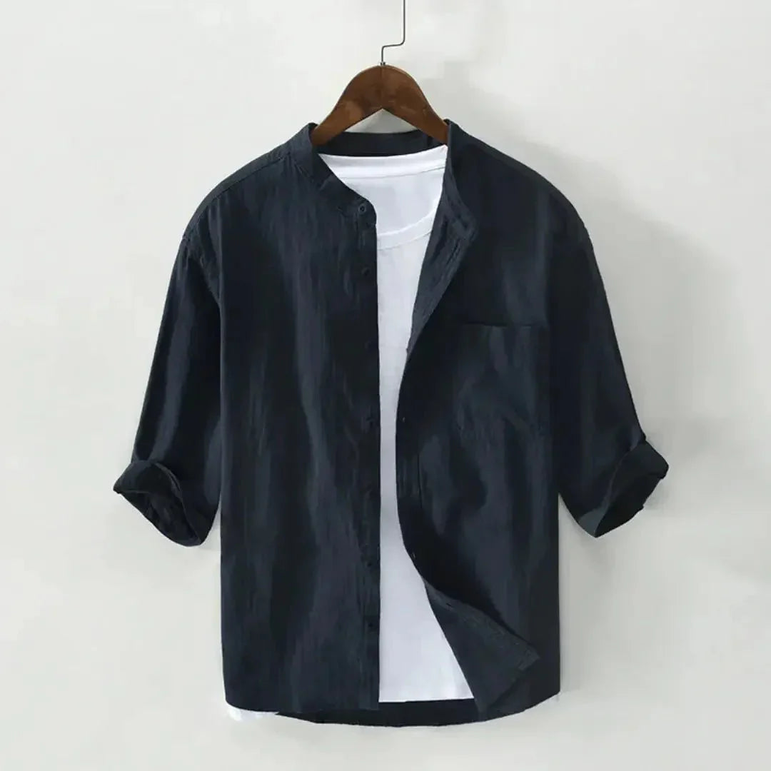 Men's Linen Shirt - Relaxed Fit Three Quarter Sleeve Button Front
