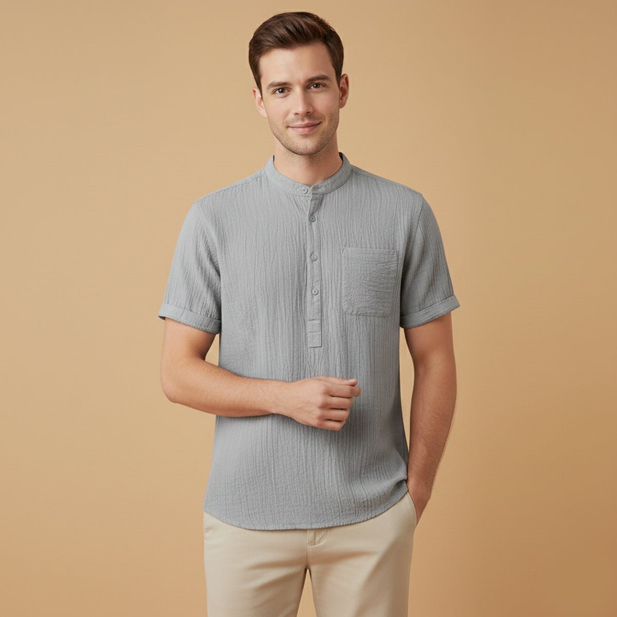 Camisa de lino para hombre manga corta cuello henley estilo pulóver