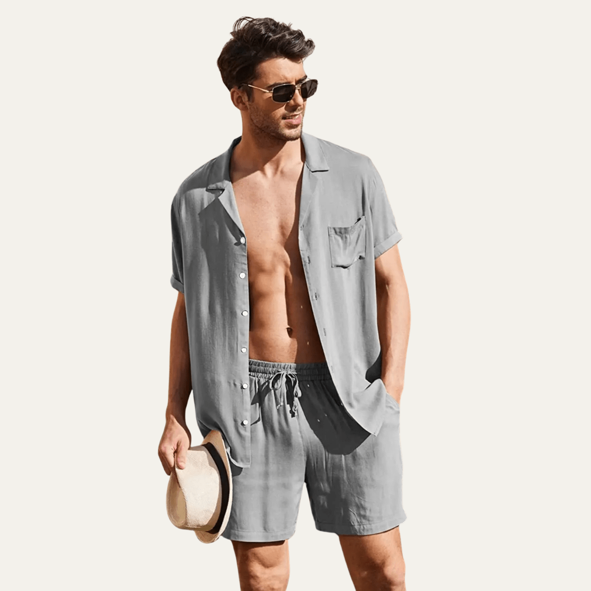 Conjunto Masculino de Linho com Camisa e Calções — Mangas Curtas, Ajuste Solto e Fecho de Botão