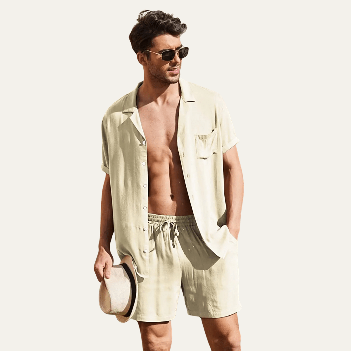 Conjunto Masculino de Linho com Camisa e Calções — Mangas Curtas, Ajuste Solto e Fecho de Botão