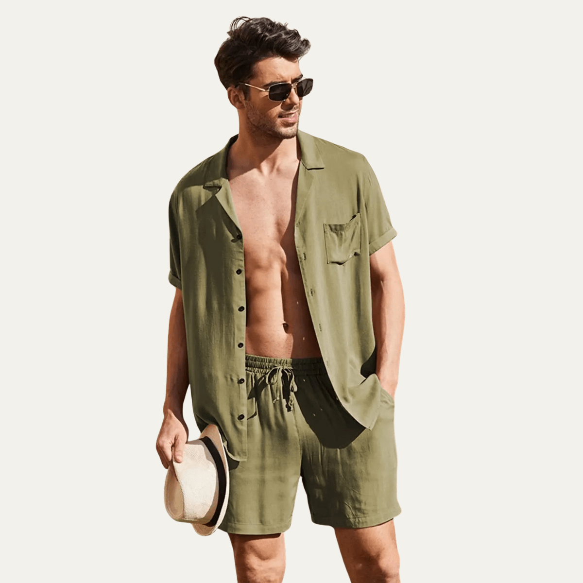 Conjunto Masculino de Linho com Camisa e Calções — Mangas Curtas, Ajuste Solto e Fecho de Botão