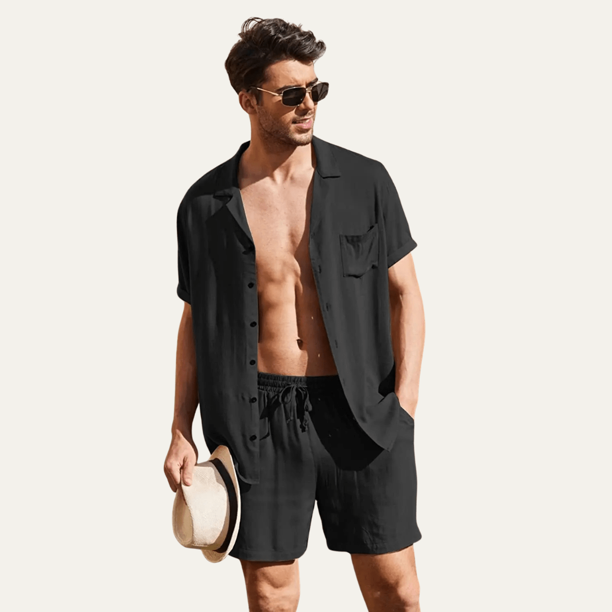 Conjunto Masculino de Linho com Camisa e Calções — Mangas Curtas, Ajuste Solto e Fecho de Botão