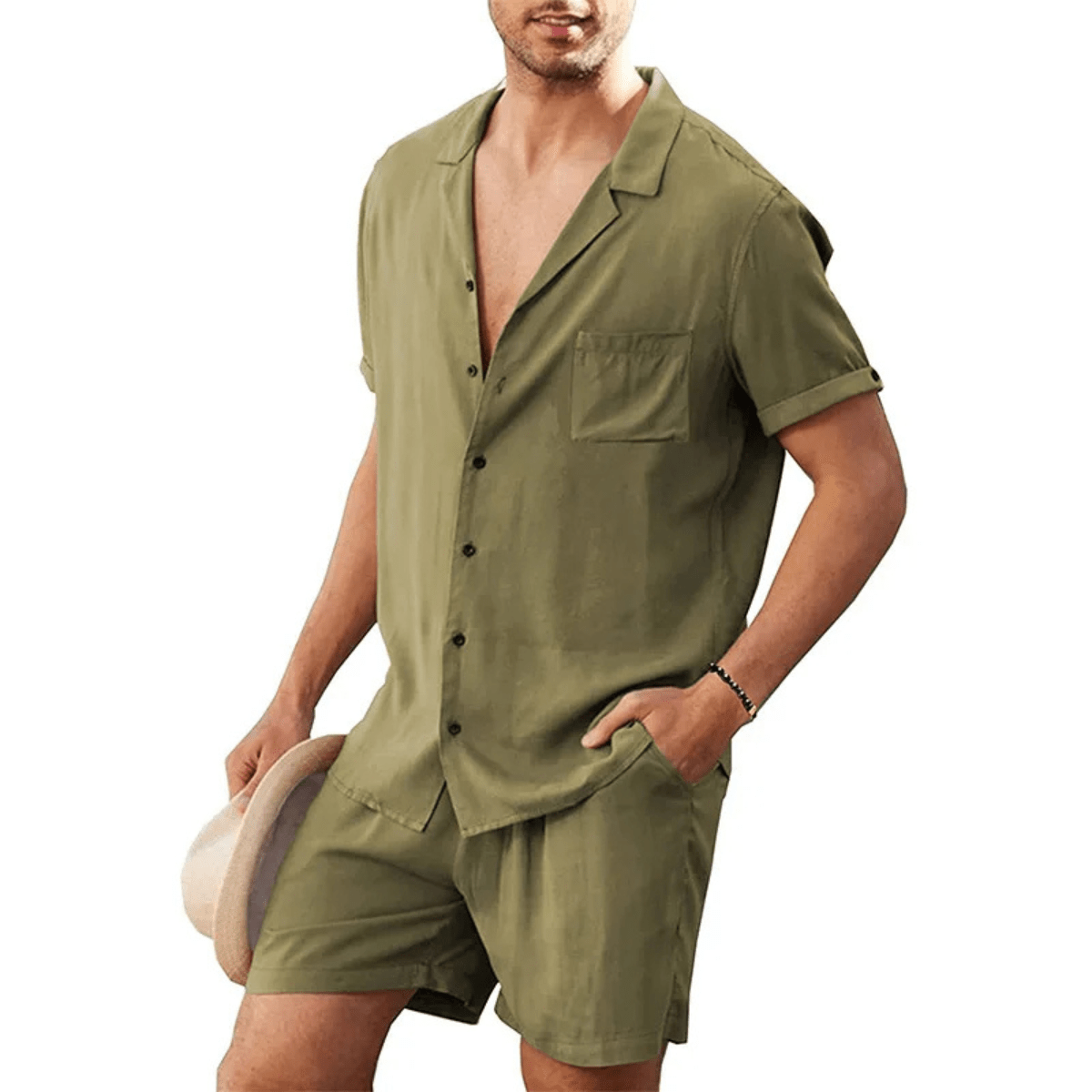 Conjunto Masculino de Linho com Camisa e Calções — Mangas Curtas, Ajuste Solto e Fecho de Botão