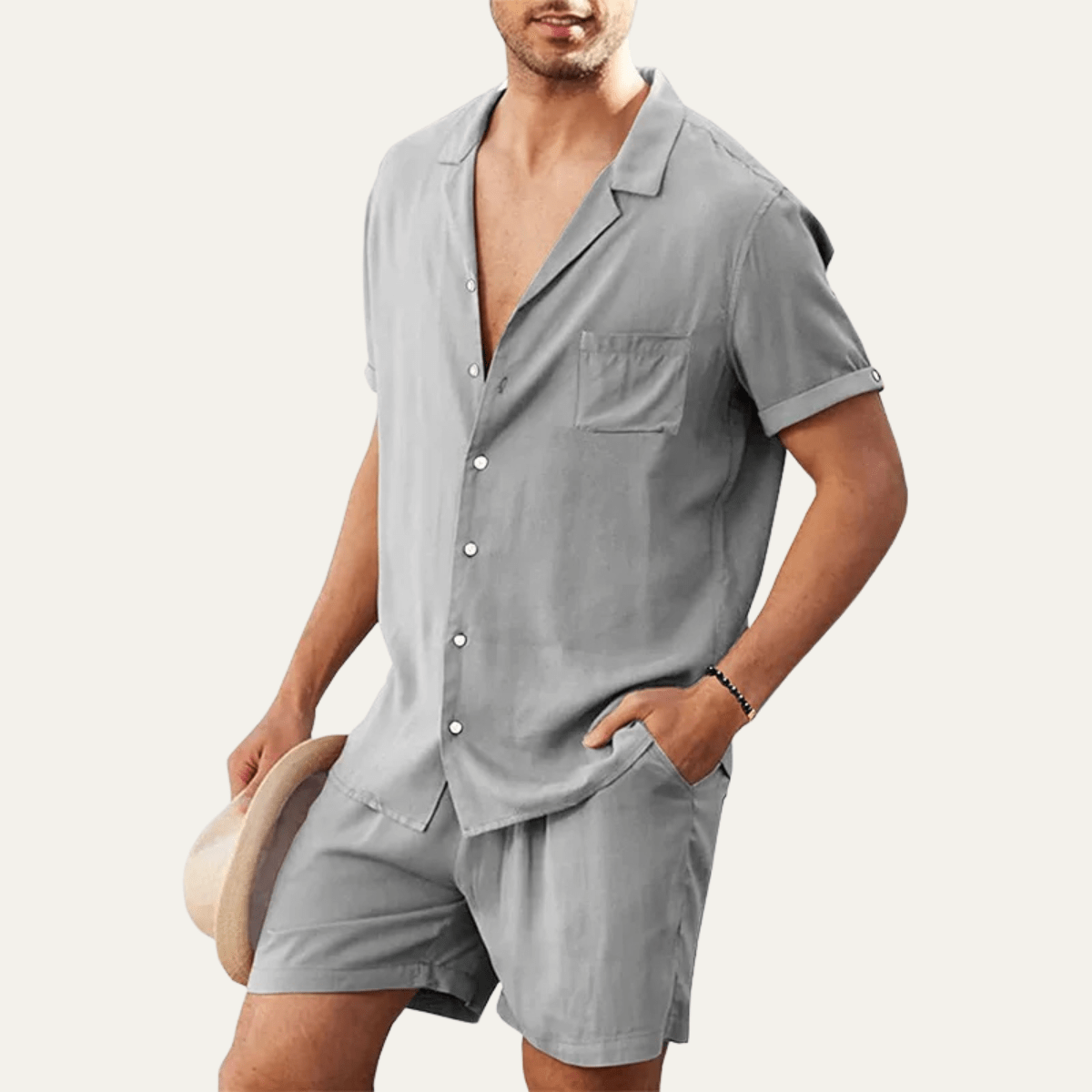 Conjunto Masculino de Linho com Camisa e Calções — Mangas Curtas, Ajuste Solto e Fecho de Botão