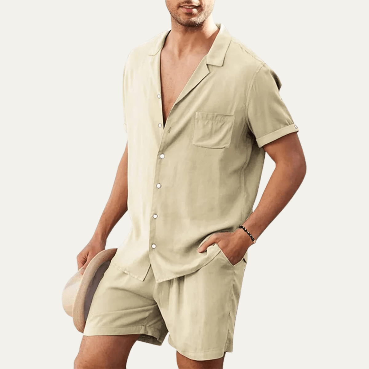 Conjunto Masculino de Linho com Camisa e Calções — Mangas Curtas, Ajuste Solto e Fecho de Botão