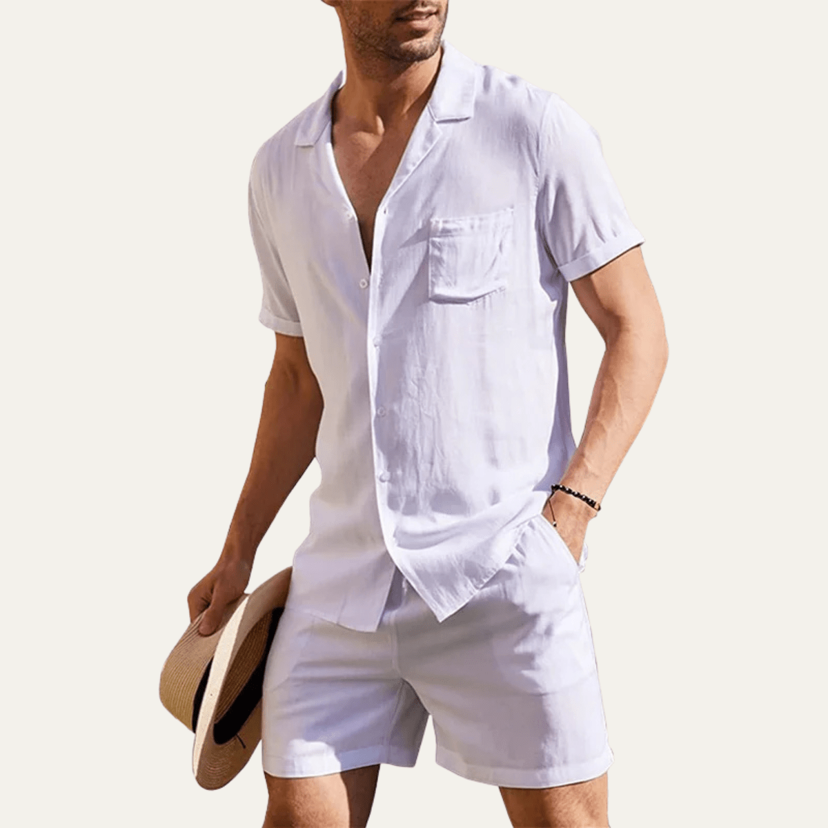 Conjunto Masculino de Linho com Camisa e Calções — Mangas Curtas, Ajuste Solto e Fecho de Botão