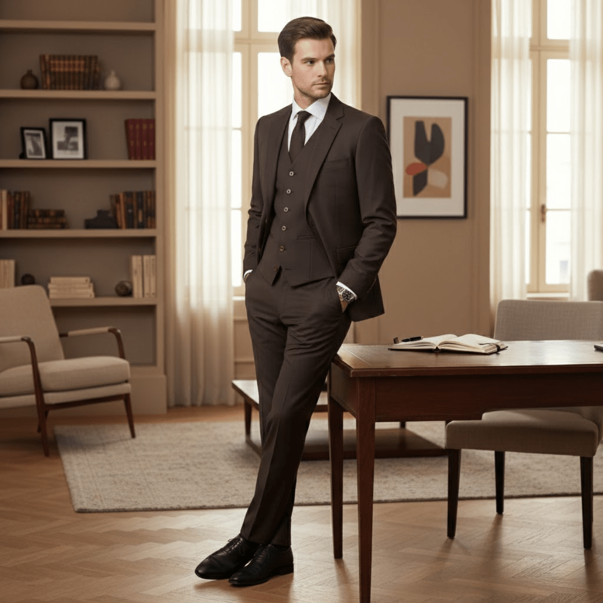 Conjunto de traje de lino para hombre — Ajuste slim, tres piezas y cierre frontal