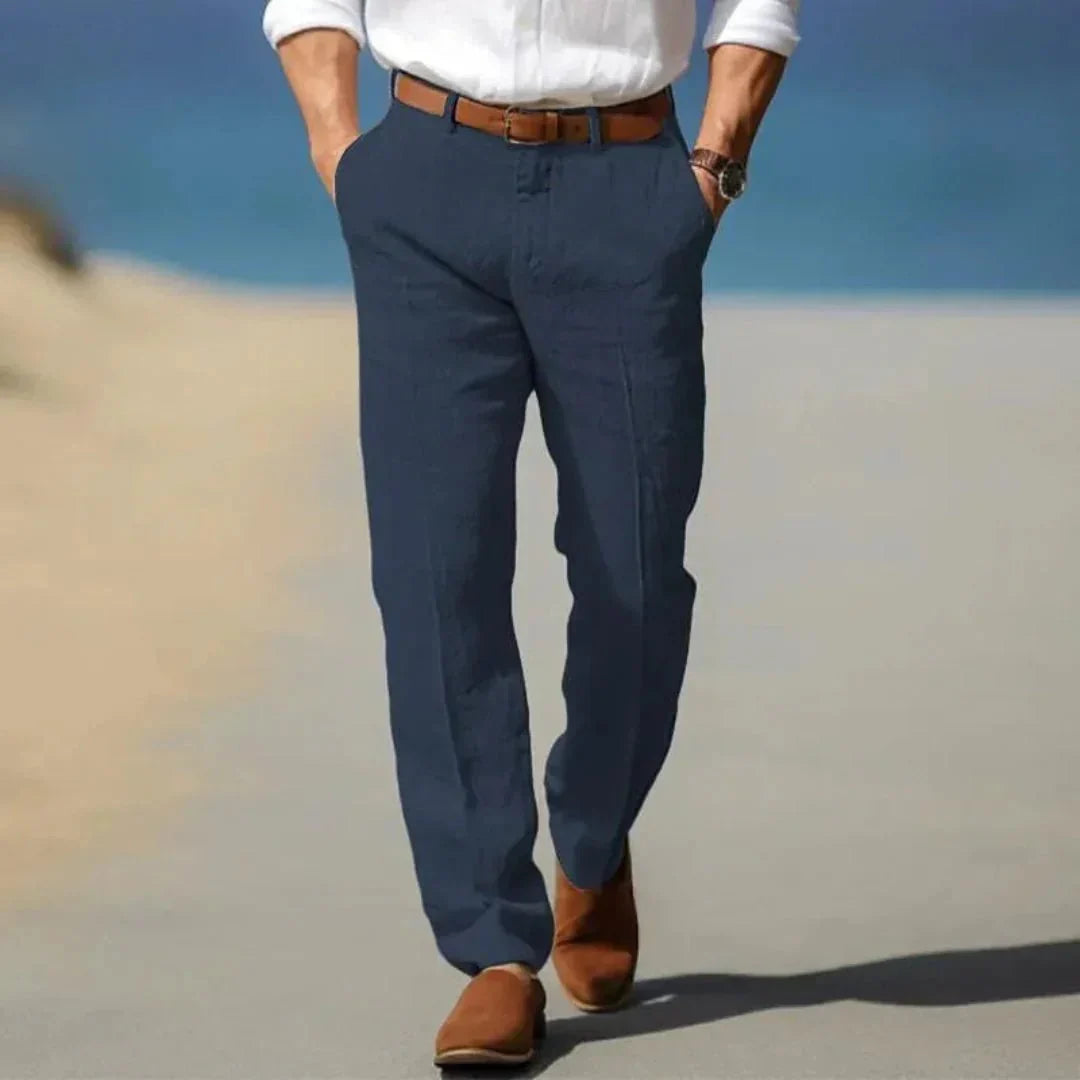 Pantalon lin homme — Coupe ample Fermeture éclair devant Passants de ceinture