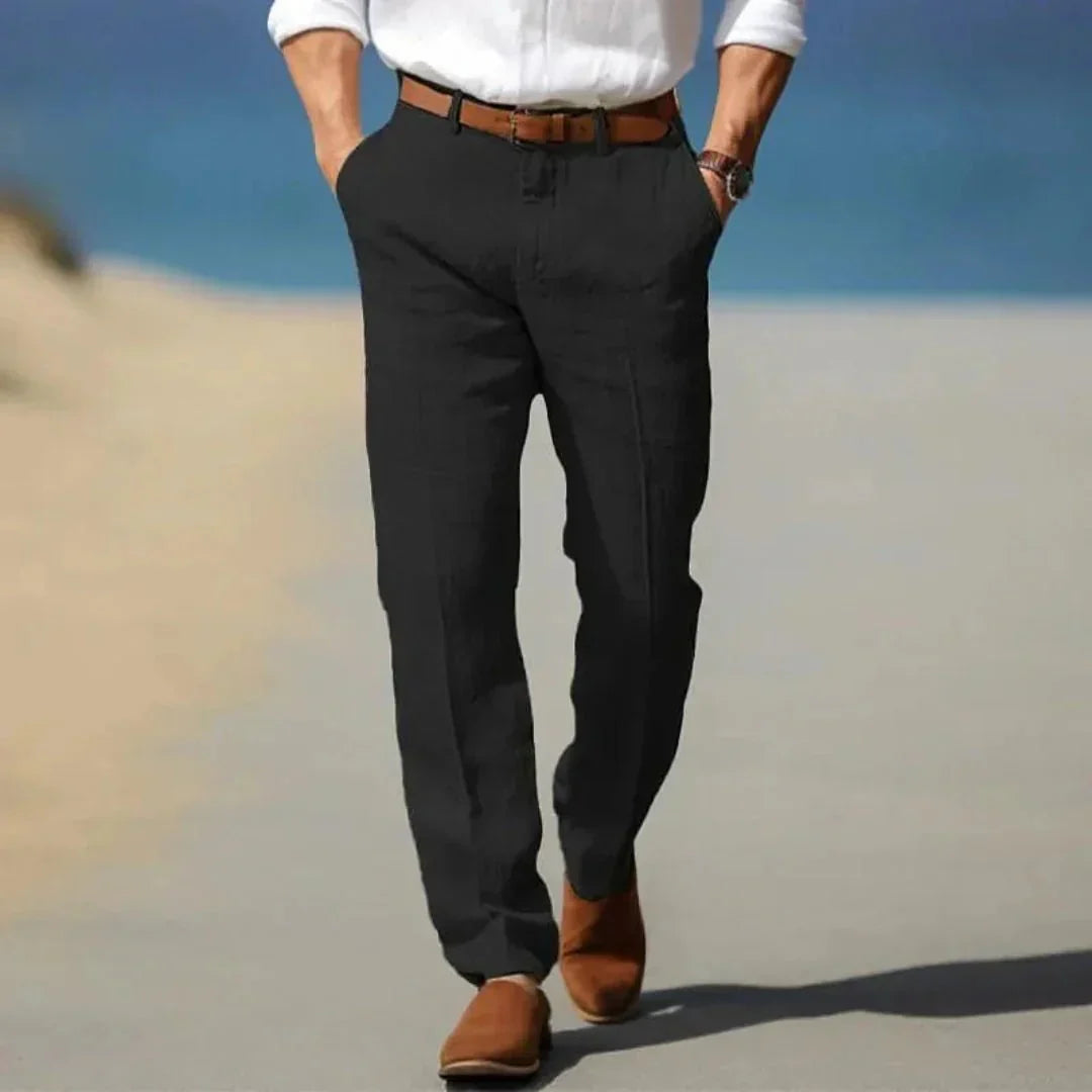 Pantalon lin homme — Coupe ample Fermeture éclair devant Passants de ceinture
