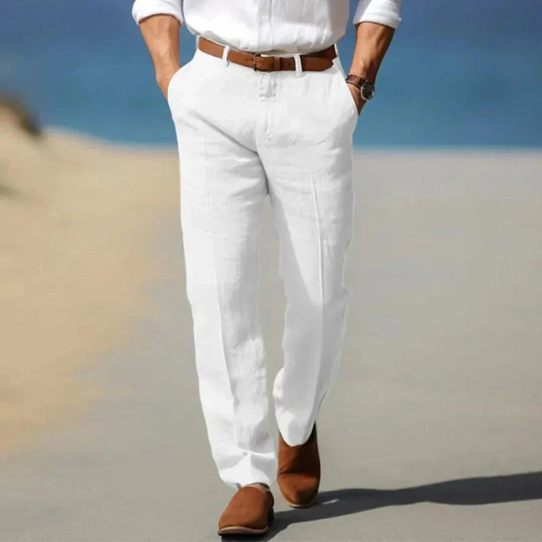 Pantalon lin homme — Coupe ample Fermeture éclair devant Passants de ceinture