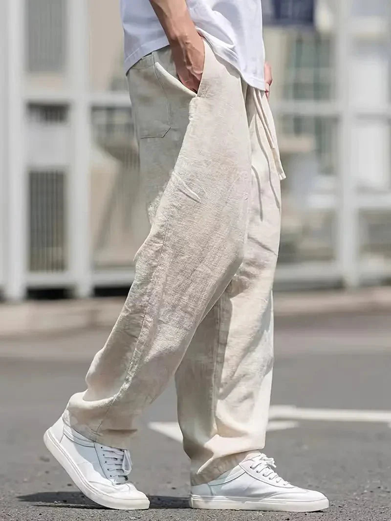Herren Leinenhose — Weites Bein, volle Länge, elastischer Kordelzugbund