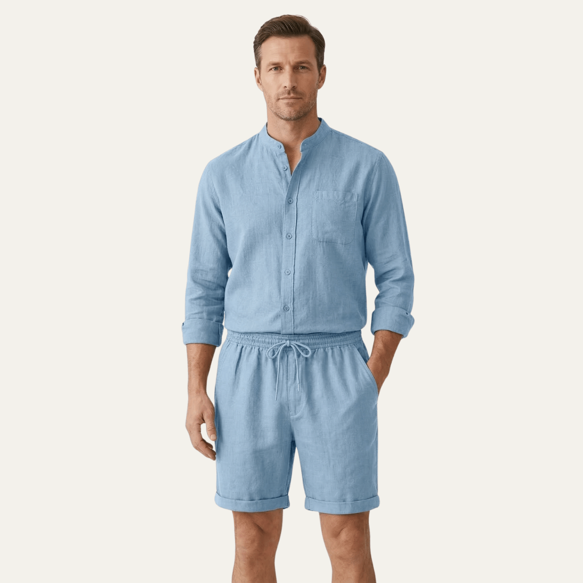 Conjunto Masculino de Linho de Duas Peças — Camisa de Manga Curta e Calções com Ajuste Relaxado