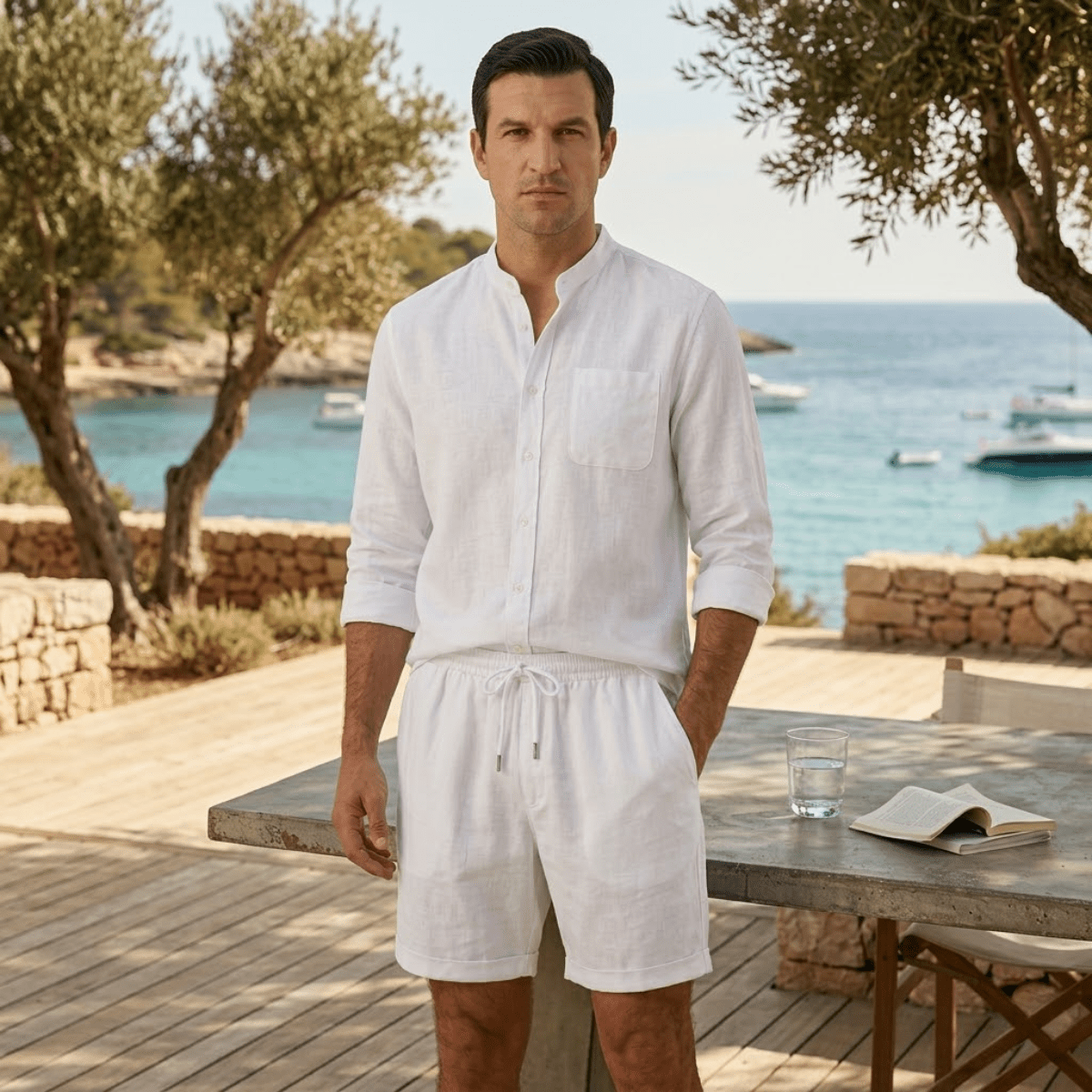 Conjunto Masculino de Linho de Duas Peças — Camisa de Manga Curta e Calções com Ajuste Relaxado