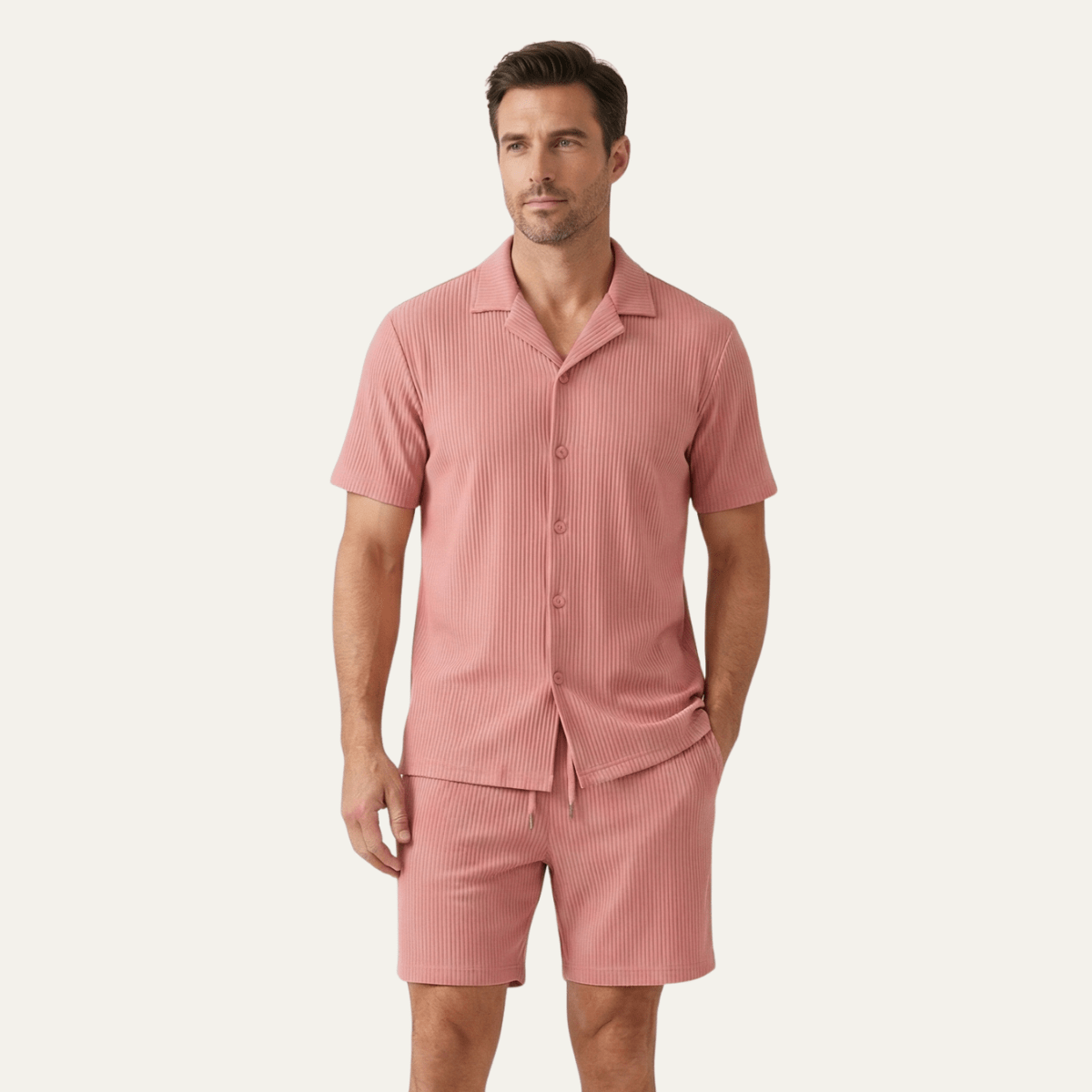 Herren-Lounge-Set — Geripptes Kurzarm-Top & Kordelzug-Shorts