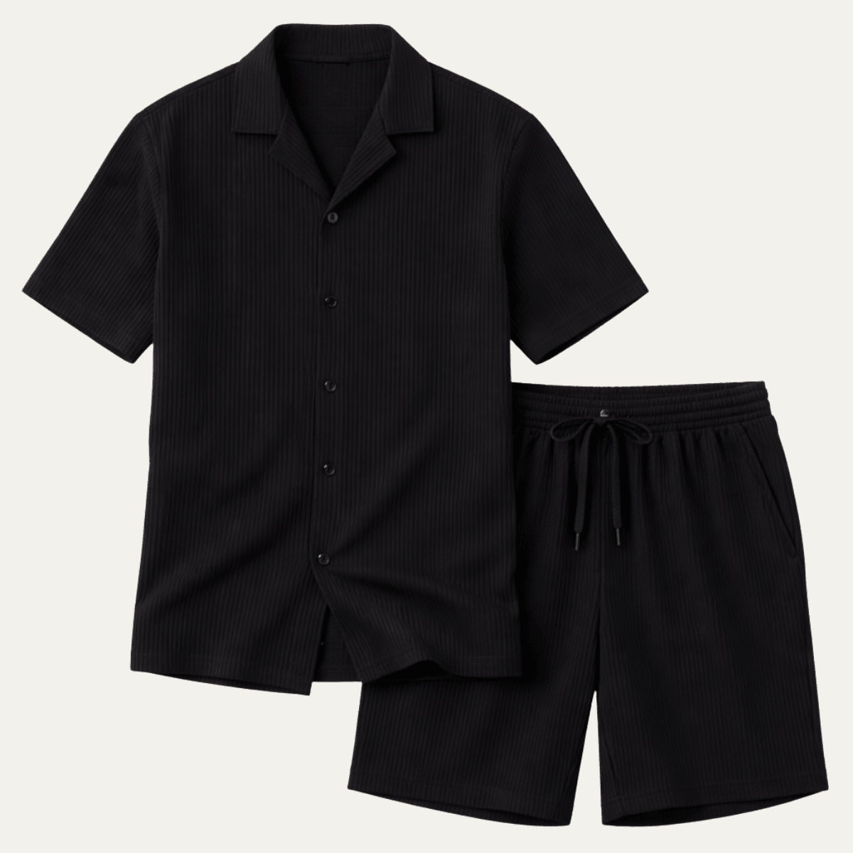 Herren-Lounge-Set — Geripptes Kurzarm-Top & Kordelzug-Shorts